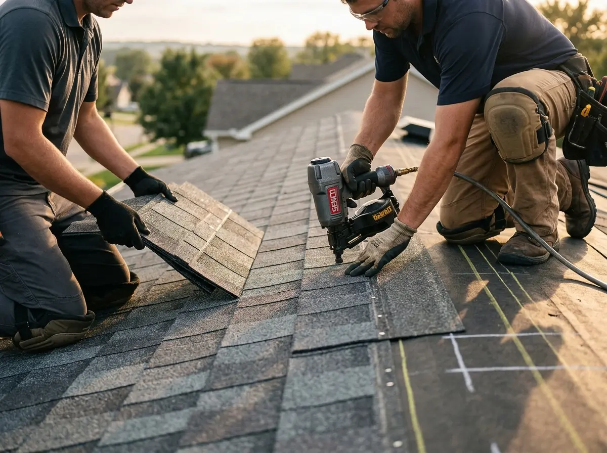 Professional roofer working on a residential roof in St. Augustine